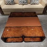 Luxury Rectangular Coffee Table Featuring Premium Wood Veneer with Central Leather Inlay Accent for Sophisticated Interiors